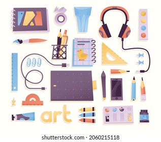 Set of art or school supplies in one color palette. Set of flat style elements, icons for artists and designers. Set of artist, student, pupil, teenager. Graphic tablet, pencils, pen, sketchbook etc.