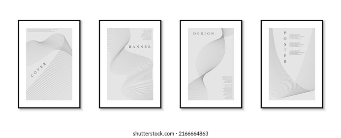 Set of art stylish elegant covers, templates, backgrounds, placards, brochures, banners, flyers, magazines. Striped gray posters, cards etc. Creative minimalistic design - abstract curve lines