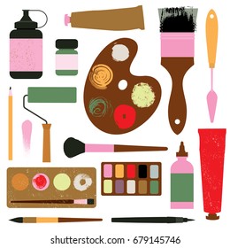 Set of art supplies. Brushes, paints, watercolor, ink, paint roller, palette and etc. Texture effect. Vector illustration.