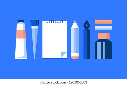 Set of art supplies. Colorful flat design vector illustration icons of paint tube, brush, sketchbook, pencil, graphic pen, pastels, ink isolated on bright stylish background