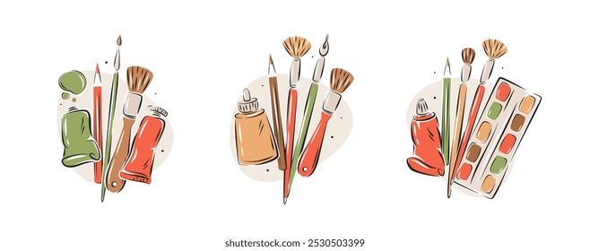 Set of art supplies, creative hobby accessories. Collection of painting related icons, various painting tools. Vector illustrations isolated on white background