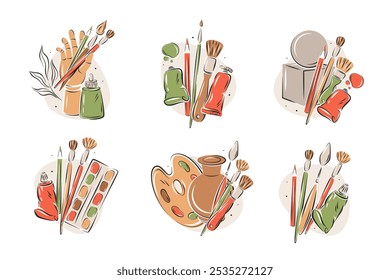 Set of art supplies, creative hobby accessories. Collection of painting related icons, various painting tools. Vector illustrations isolated on white background