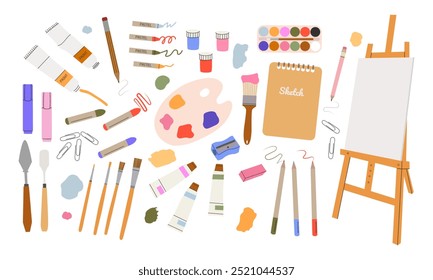 Conjunto de suministros de arte. Diferentes herramientas de dibujo: caballete, tubos de pintura, pinceles, marcadores, lápices, acuarelas, paleta, crayones.