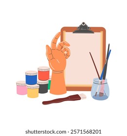 A set of art supplies for drawing: paints, brushes of various sizes, a desktop easel with a clip, paper, a model of a wooden hand. Flat vector illustration. vector. Isolated on a white background.