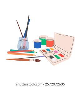 A set of art supplies for drawing: watercolor paints, gouache, brushes, pencils, a jar of water. Flat vector illustration. vector. Isolated on a white background.