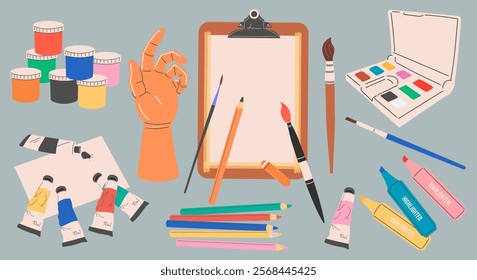 A set of art supplies for drawing: watercolors, paints in tubes, colored pencils, acrylics, markers, different brush size, a desktop easel with a clip, paper, a model of a wooden hand. Flat vector.