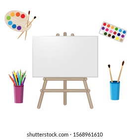 Set of art supplies. Easel, paints, brushes, pencils. Isolated on white background.