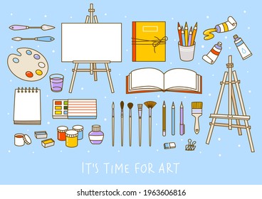 Set of art supplies  - easel, sketchbooks, paints, watercolor, palette, brushes, drawing pencils - cartoon objects for happy art design