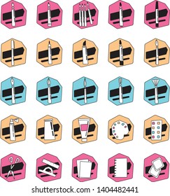 Set of art supplies icons. Colorful simple geometric vector design. Icons of art instruments for painting, drawing, sketching. White isolated background. Pencil, pen, brush, paper, marker, scissors.
