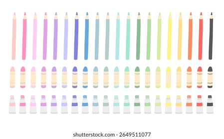 A set of art supplies including 20 colors of paint, crayons, and colored pencils