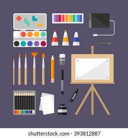 Set of Art Supplies, Art Instruments for Painting, Drawing, Sketching. Flat Design Vector Illustration