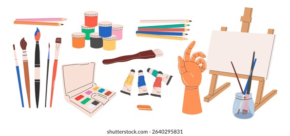 A set of art supplies for painting: watercolor paints, colored pencils, gouache, brushes of various sizes, a table easel with canvas, a model of a wooden hand. A flat vector. Isolated