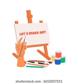 Conjunto com material de arte. Tintas, pincéis, cavalete com tela, lápis. Ferramentas criativas para um artista. Passatempo, desenho. Ilustração de vetor plano. Isolado.