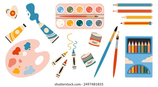 Set of art supplies for school, painting tools. Vector illustration isolated on white background, hand drawn, flat design. School stationery, cartoon style