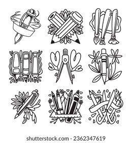 set of art supply hand drawn vector