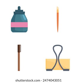 Set of art supply icons featuring an ink bottle, paintbrush, chisel, and bulldog clip