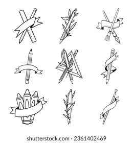 set of art supply with ribbon hand drawn vector