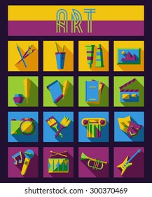 Set of art, theater and music flat icons with scene, painting and writing symbols.  Jazz trumpet, carnival mask, electric guitar and drum.  Abstract isolated vector illustration.