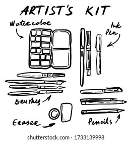 Set of art tools. Artist's kit vector illustration, watercolor painting pallette, artists supplies, brushes, felt-tip pens, eraser with signs. Simple sketch for print and illustratin. Digital drawing