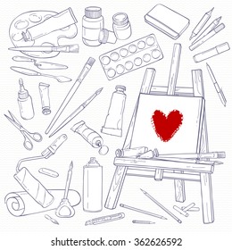 Set of art tools. Black and white objects. Line hand-drawing art supplies.