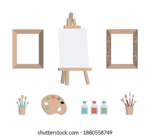 Set of art tools for drawing on white background. Frames for paintings, canvas on easel, cup with brushes, color palette with paints, cans with paints vector flat illustration. Creative hobby concept.