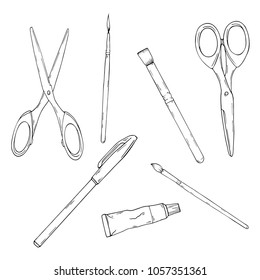 Set of art tools and materials isolated on white background. Hand drawn ink vector illustration.