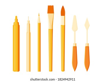 Set of art tools - pencil, brush, liner, pen, marker, palette knife on isolated background. Flat style illustration. Traditional art, painting tools, equipment. Vector illustration