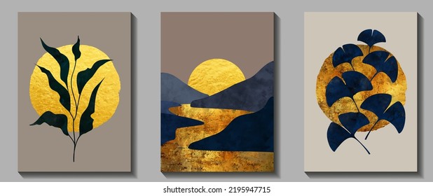 Set of art vector background. Modern luxury poster for design interior with landscape, sun, mountain and plants. Wall decoration. Hand drawn decoration for cover, prints, wallpaper, postcard.