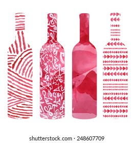 Set Of Art Watercolor Wine Bottles