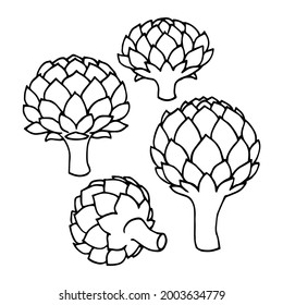 a set of artichoke buds, elements of a decorative ornament or pattern, a vector illustration with black contour lines isolated on a white background in a doodle and hand drawn style