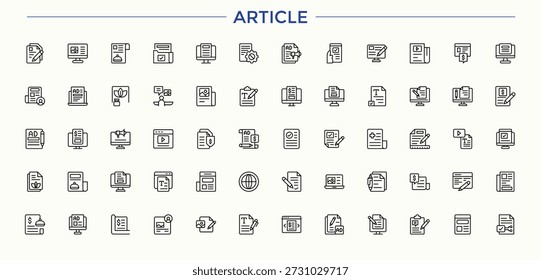 Ícone da linha Conjunto de Artigos. Contém escrita de sinal linear, conteúdo, escrita, autor, escritor, copywriting e muito mais. Ícones lineares modernos. Conjunto de ícones modernos do artigo. Ilustração vetorial.