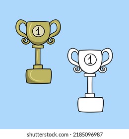 A set of articles, a first place award, a gold cup to the winner, a vector illustration in cartoon style on a colored background