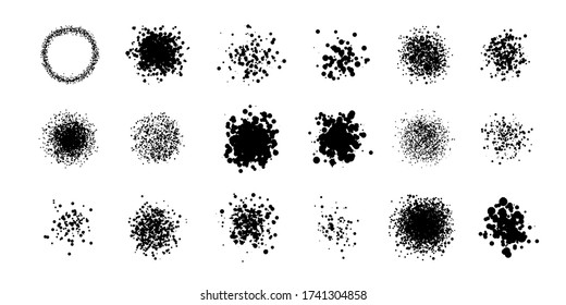 Set of articstic creative brushes, lines  with dotts, spaltters circle spots, drops. Spray texture. 