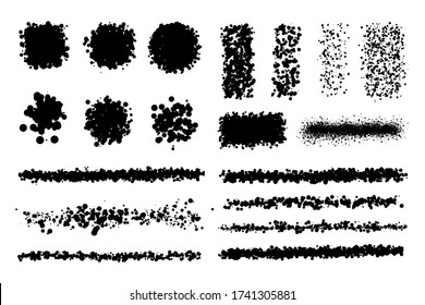 Set of articstic creative brushes, lines  with dotts, spaltters circle spots, drops. Spray texture. 