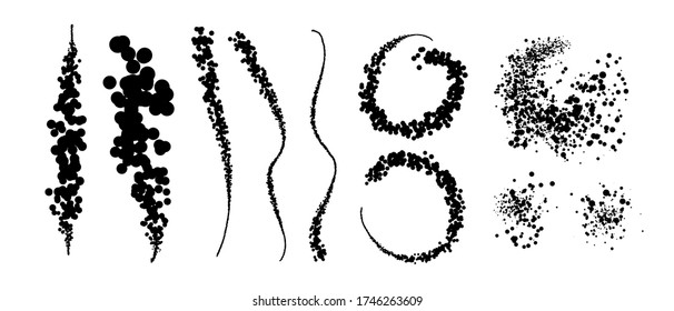 Set of articstic creative brushes, lines  with dotts, spaltters circle spots, drops. Spray texture. 