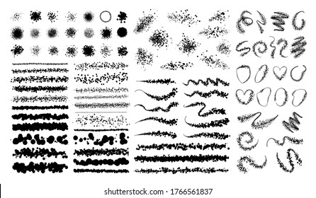 Set of articstic creative brushes, lines  with dotts, spaltters circle spots, drops, frames. Spray texture. 