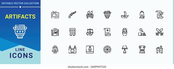 Set of Artifacts line icon. Related to history, archaeologic, art, mediaeval, museum and more. Antiques icon set. Trendy minimal icons. Vector illustration.