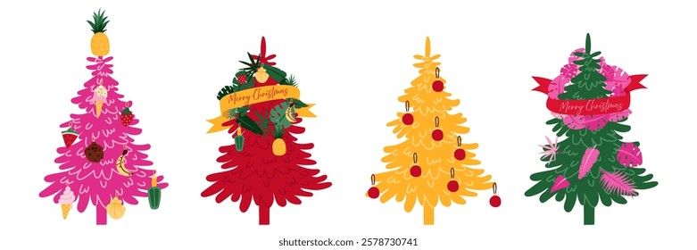 set of artificial Christmas colored trees with tropical decorations. Tropical leaves, ribbon, fruits, Christmas tree toys. Merry Christmas. For printing on gifts and postcards. Christmas on vacation