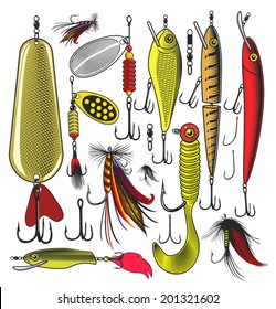 Set of Artificial fishing lures.  Vector illustration, isolated, grouped, transparent background