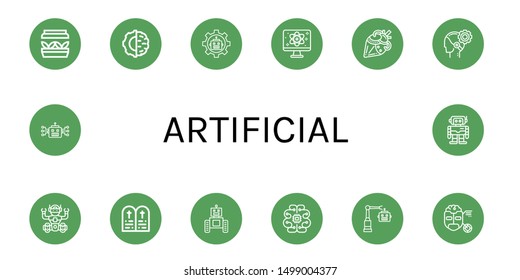 Set of artificial icons such as Artificial light, Artificial intelligence, Robot, Quantum, heart, AI, Commandments, Turing, Robotics ,