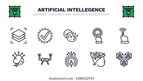 Satz künstlicher Intelligenz dünnen Linie Symbole. Symbole der künstlichen Intelligenz wie verfügbar, Cookies, Touchscreen, Fingerkontrolle, Big Data, Big Data, Drohne, Telepräsenz, Intelligenz,