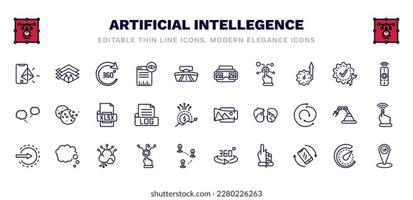 set of artificial intellegence thin line icons. artificial intellegence outline icons such as ar, 360 degree, stereoscope, remote control, xlsx, panorama, log in, interactivity, bionic, ip vector.