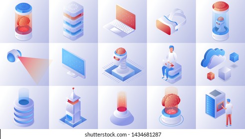 Set artificial intelligence 3d isometric illustration. Digital brain, virtual reality, cloud services.