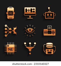 Set Artificial intelligence AI, Funnel or filter, robot, Processor CPU, Neural network,  and  icon. Vector