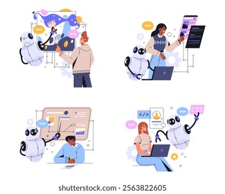 Set of artificial intelligence or AI helpers. Vector cartoon robot help people coding and drawing picture, analyze big data and study lecture. Chat bot teach or machine learning making artwork