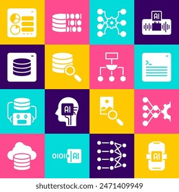 Set Artificial intelligence AI, Neural network, Web developer programming code, Server, Server, Data, Computer api interface and Algorithm icon. Vector