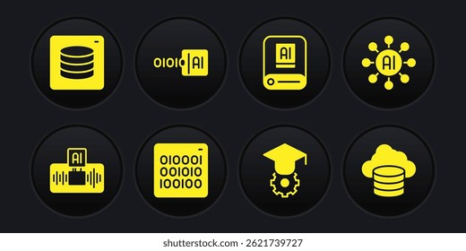 Set Artificial intelligence AI, Neural network, Binary code, Graduation cap, Cloud database and Server, Data icon. Vector