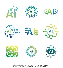 Set of Artificial intelligence AI processor chip icon.