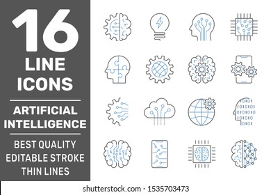 Set of Artificial Intelligence (AI) related Vector Line Icons. Editable Stroke. EPS 10