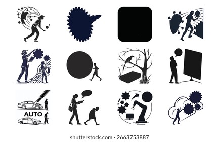 Conjunto de ícones de inteligência artificial, automação, aprendizagem automática, computação em nuvem e tecnologia de rede em estilo de vetor mínimo

